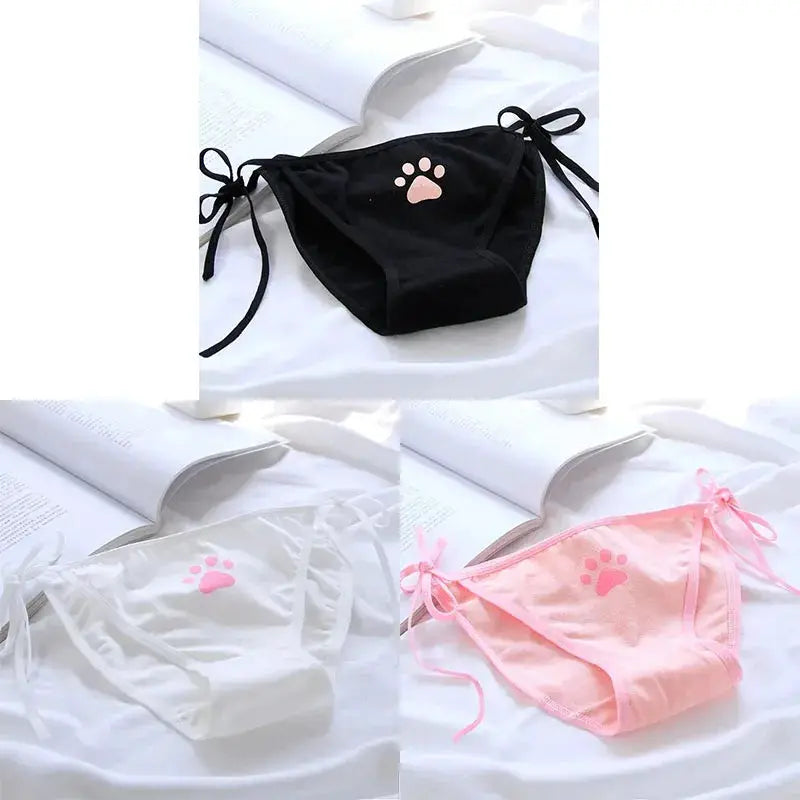 3-piece low-waist panties set in black, white, and pink with paw print and side tie bows