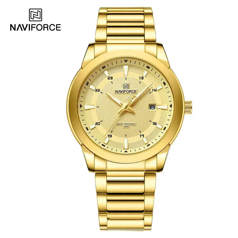Naviforce gold men's wristwatch with stainless steel strap, analog quartz, and date window