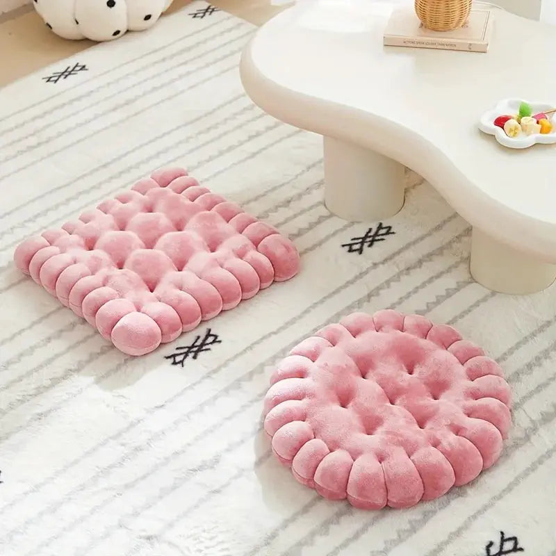 Large pink biscuit-shaped plush cushions, square and round chair pads for seating, Simples Market