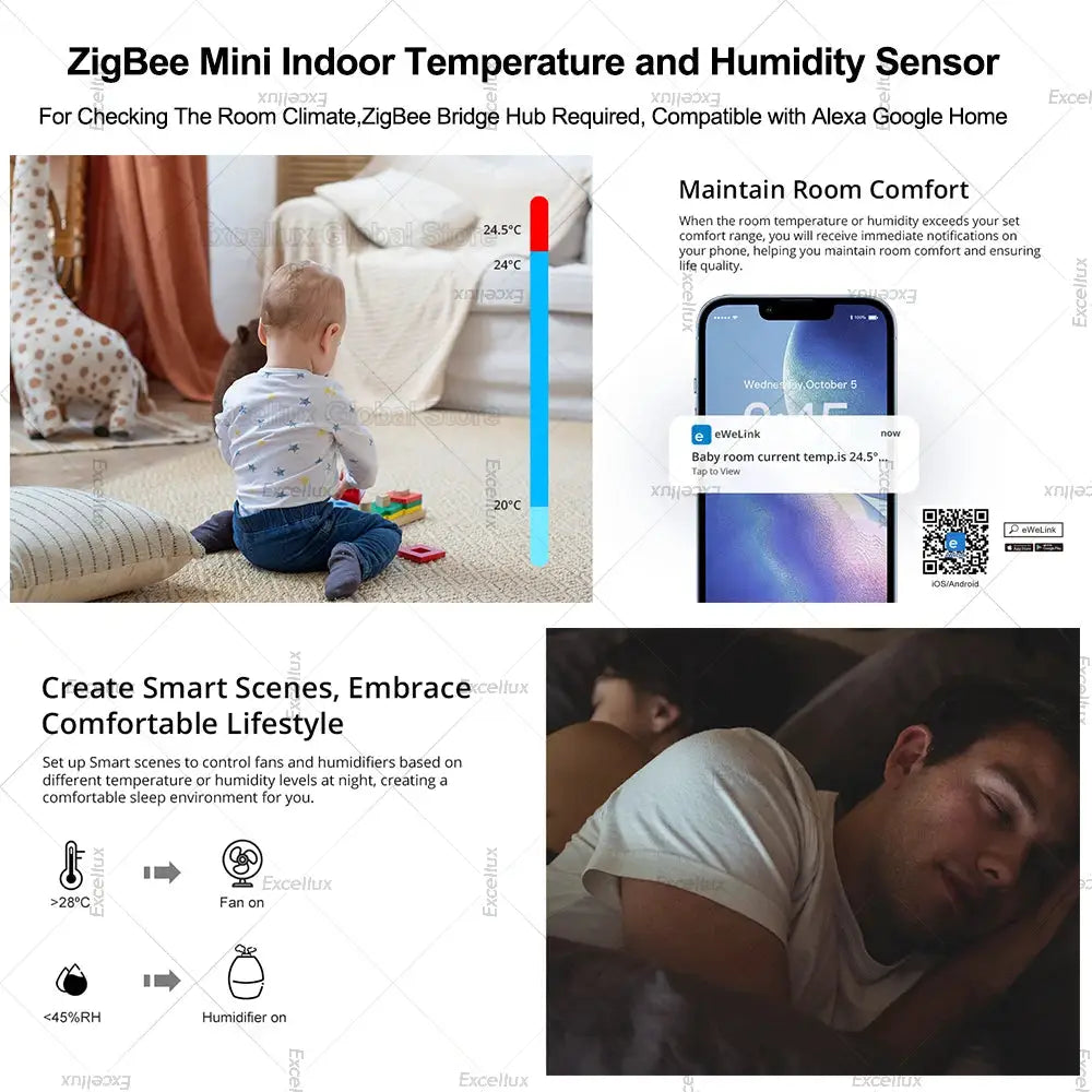 ZigBee temperature and humidity sensor by Simples Market, eWeLink app‑controlled indoor thermometer for Alexa and Google Home