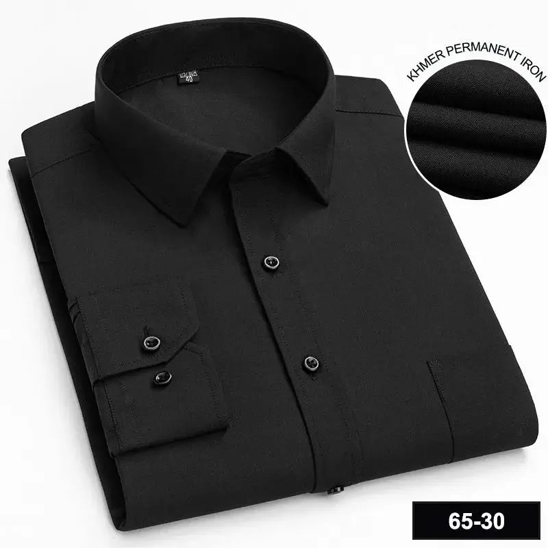 Men's black long-sleeve shirt with front button placket and single chest pocket