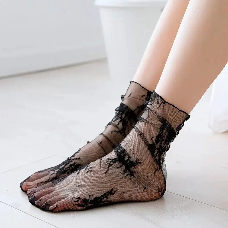 Harajuku Transparent Floral Lace Socks For Women Breathable Mesh All Day Comfort Elastane Nylon