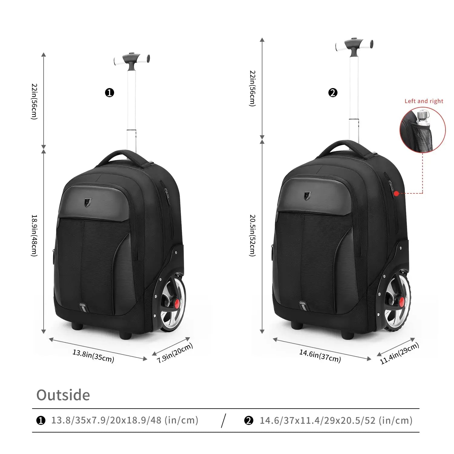 Simples Market black 20-inch rolling luggage backpack with wheels; large-capacity carry-on.