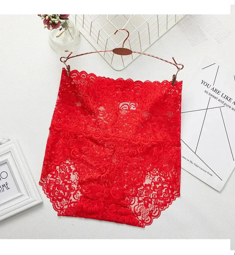 Seamless high-waist shapewear panty in red lace on hanger; tummy-control underwear for women by Simples Market