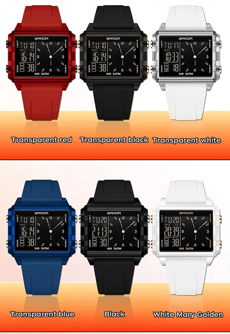 SANDA 6273 square dual-time wristwatch for men and women, six color variants, waterproof digital countdown timer.