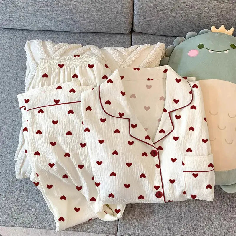 CozyNest Spring And Autumn Women Pajamas Loungewear Set Cardigan Breathable Crinkled Polyester With Love Heart Print
