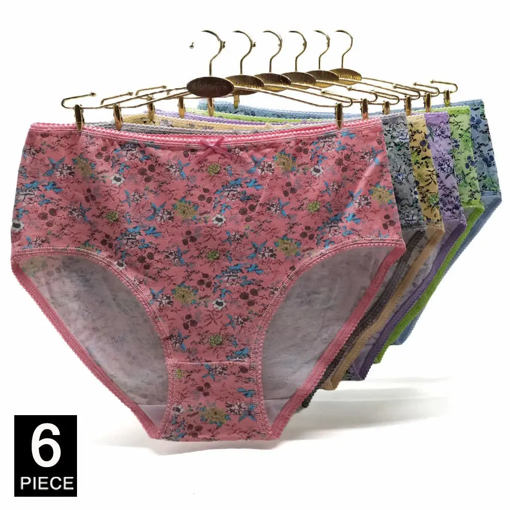 Women's cotton briefs with floral print, mid-rise underwear; 6-piece set in assorted colors by Simples Market.