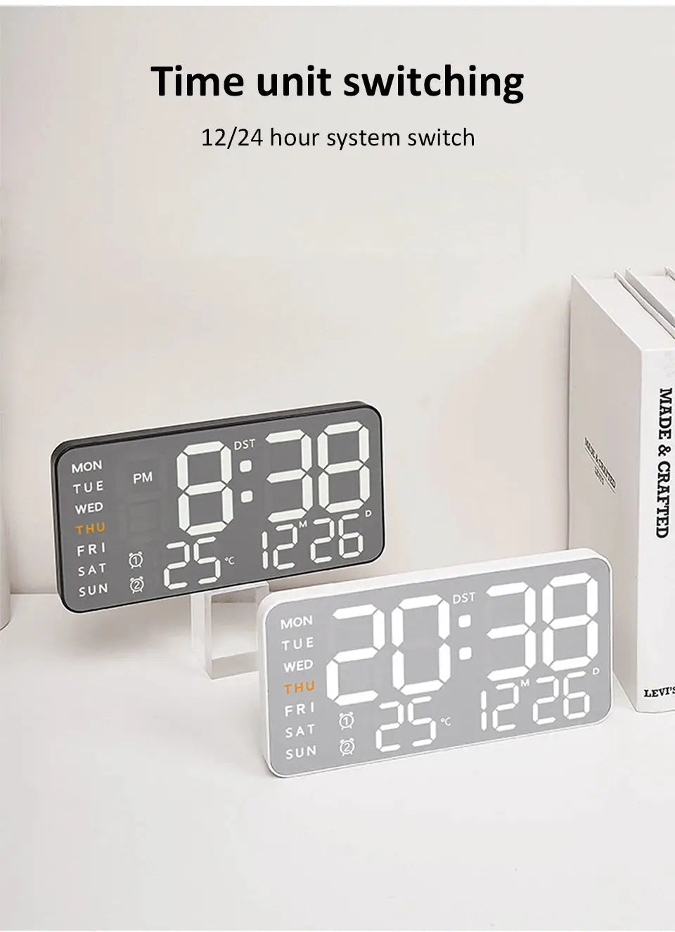 Mirror Brushed Finish Wall Clock pair with digital time/date/temp display in black and silver finishes by Simples Market