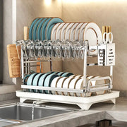 Stainless steel kitchen dish rack by Simples Market for bowls and plates with draining tray and utensil holder