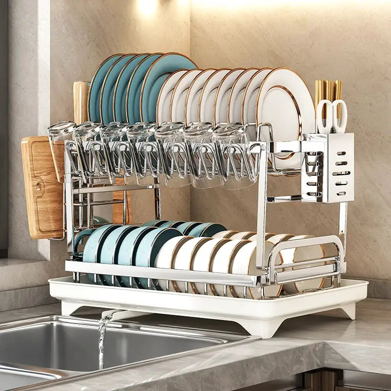 Stainless steel kitchen dish rack by Simples Market for bowls and plates with draining tray and utensil holder
