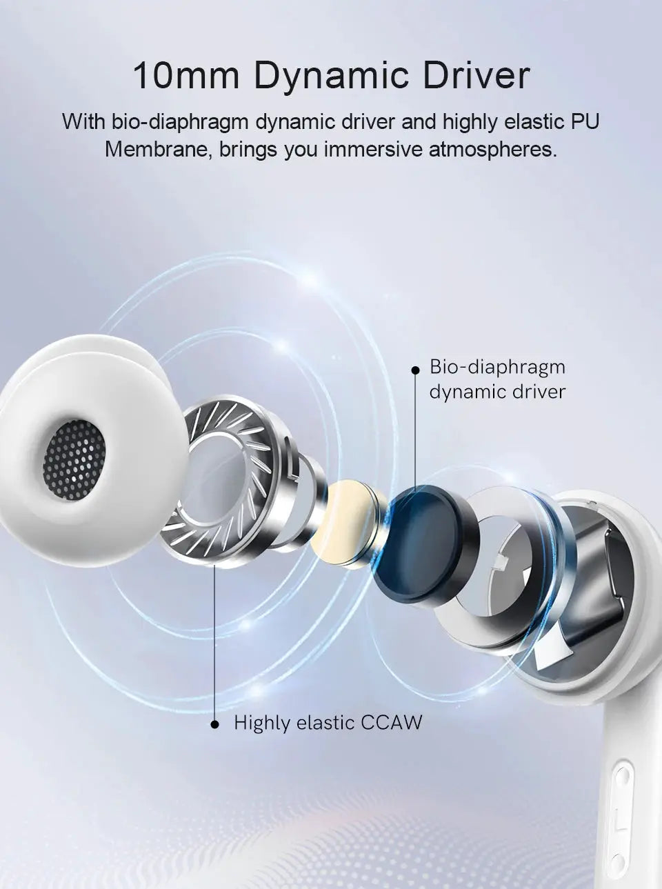 QCY T13 ANC wireless earbuds, white in-ear Bluetooth headphones with 10mm dynamic driver