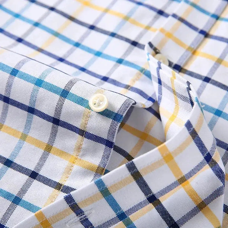 Men's 100% cotton Oxford shirt; plaid blue, yellow and teal checks, long sleeves