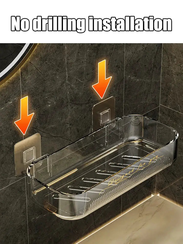 Clear acrylic bathroom storage rack, wall-mounted with adhesive mounts for no-drill installation.