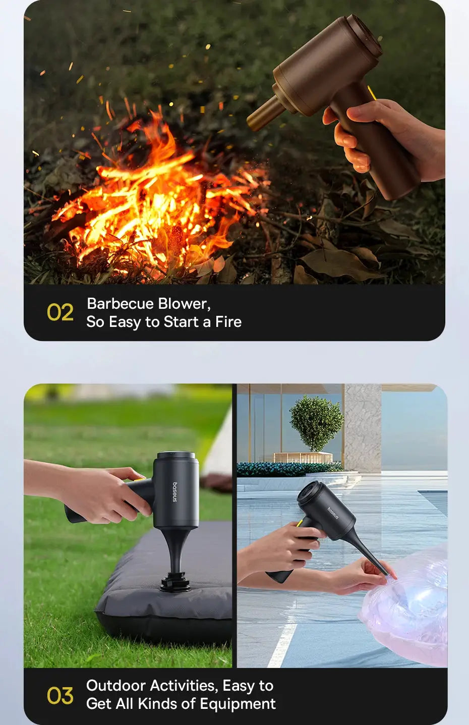 Baseus cordless car vacuum cleaner and air blower gun; black handheld device