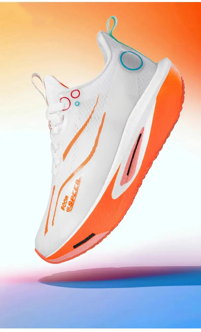 Carbon plate running shoes, white upper with orange outsole and blue accents, breathable lightweight racing sneakers
