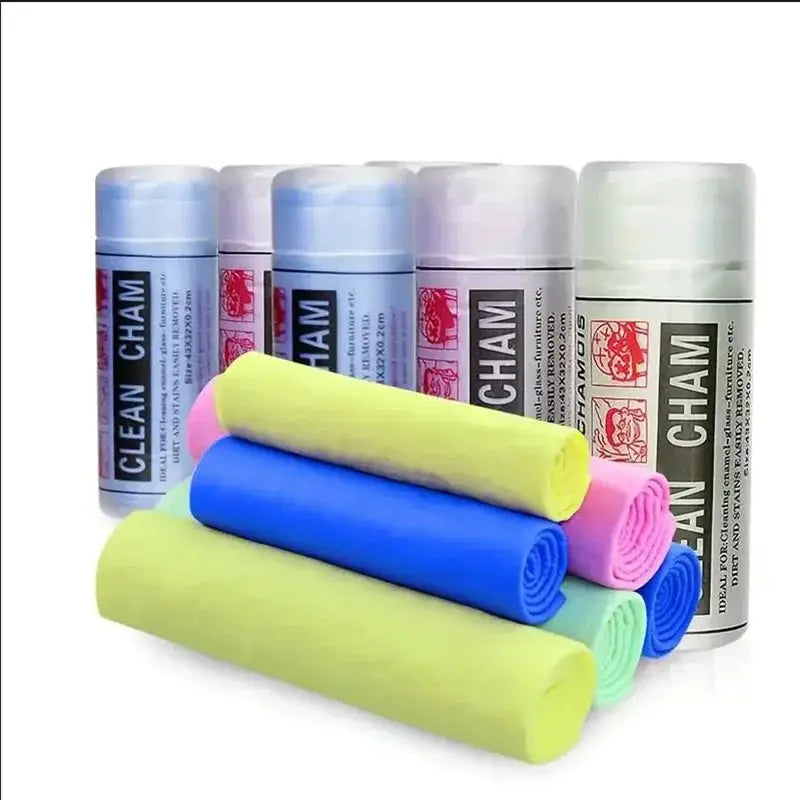 Simples Market PVA car towels set; 4 rolled quick-dry, ultra-absorbent cloths in pastel colors for auto maintenance.