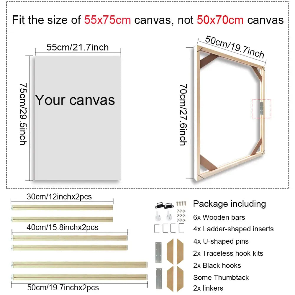 Simples Market natural wooden canvas frame set for 55x75cm canvases, includes 6 wooden bars and mounting hardware.