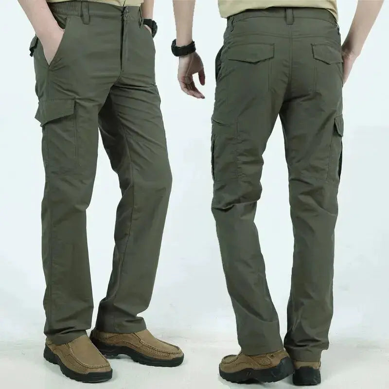 Military tactical cargo pants for men in olive green with multiple pockets, two pairs shown