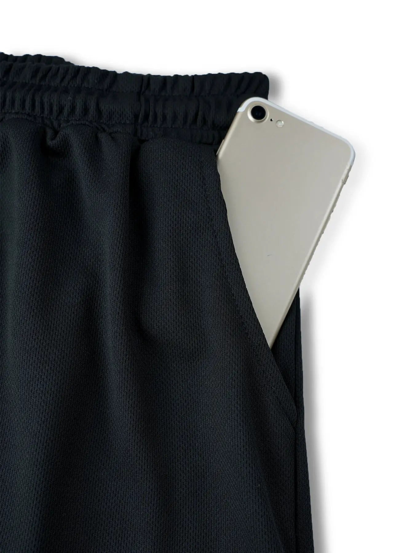 Y2K performance shorts, black athletic shorts with phone pocket