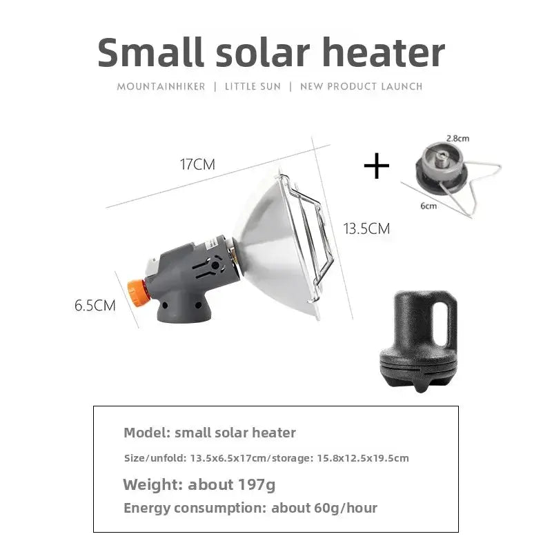Simples Market MountainHIKER portable mini solar heater stove for outdoor camping; compact gray gas stove with reflector