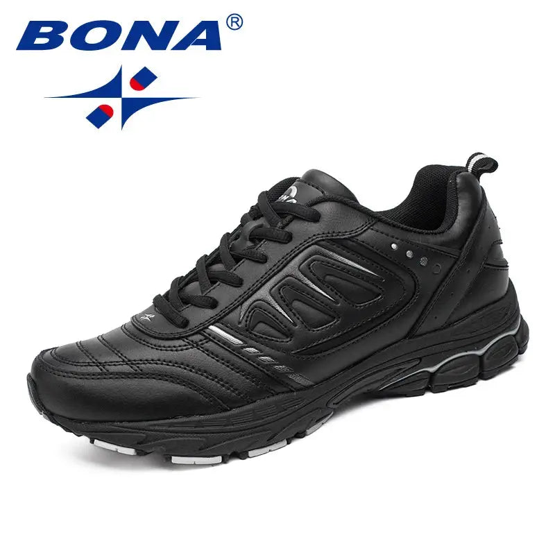 BONA black men's running shoes, lace-up athletic sneakers
