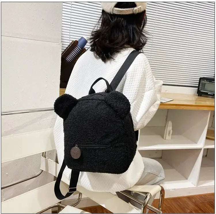 Bear-ear fleece small backpack for kids by Simples Market; black fuzzy lambswool daypack with zip pocket