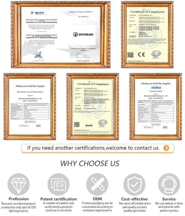 Framed certificates collage with Why Choose Us banner and supplier logos