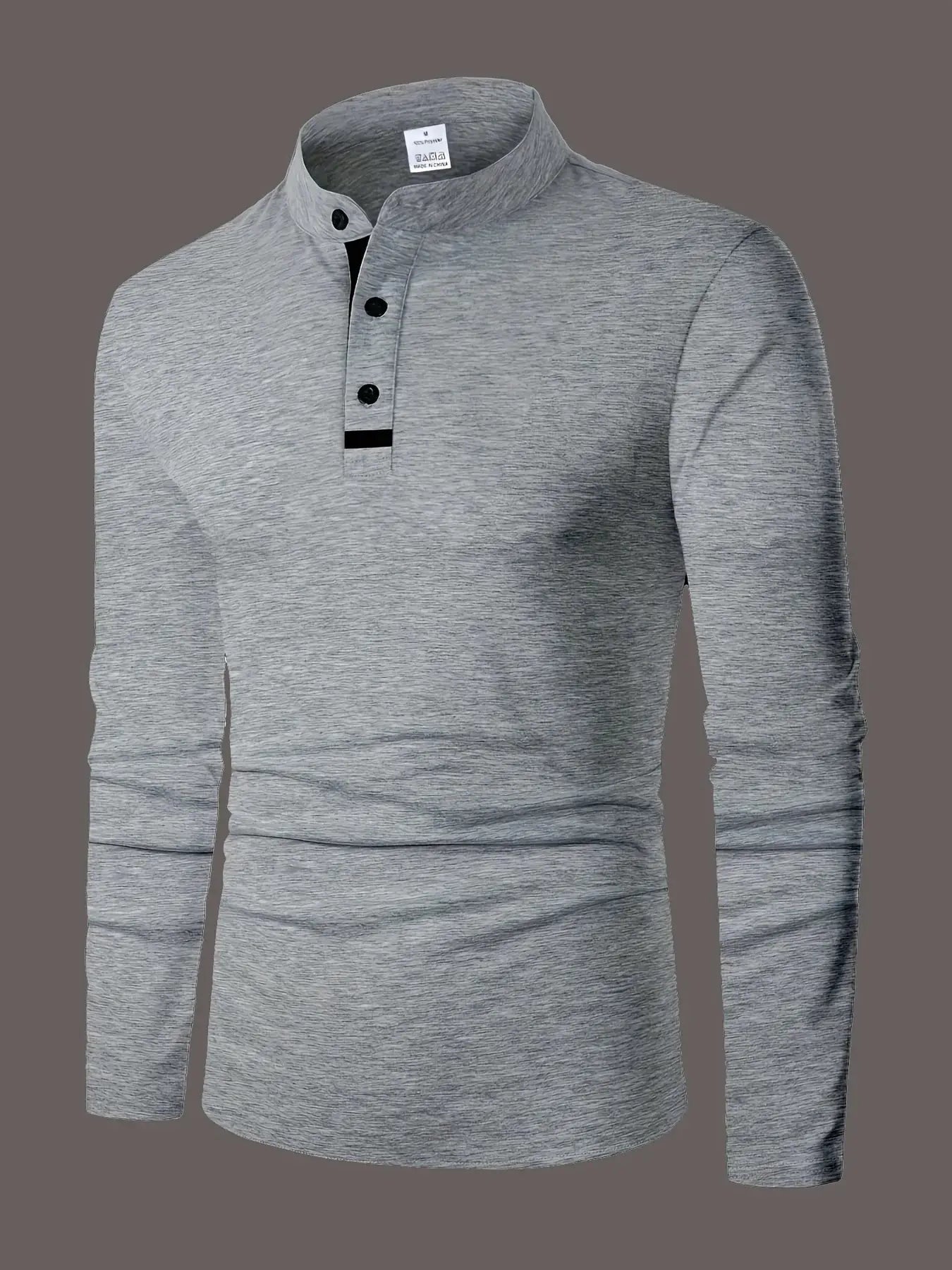 Simples Market men's heather grey long-sleeve polo shirt with stand collar and button placket.