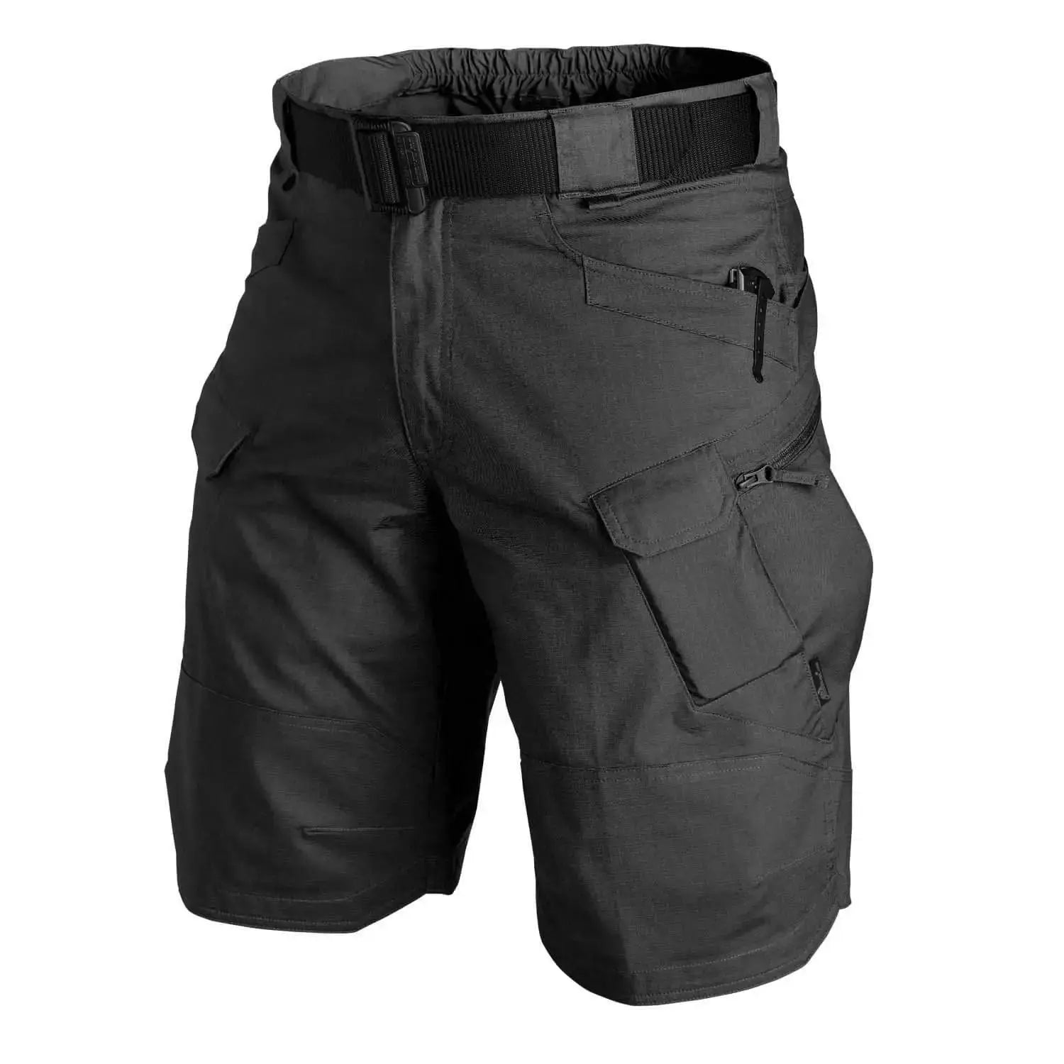 Men's cargo tactical shorts by Simples Market, black waterproof quick-dry shorts with belt and multiple pockets.