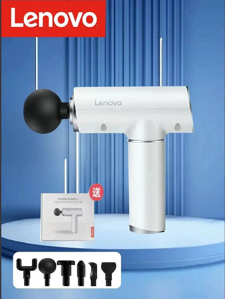 Lenovo massage gun with six attachment heads, white body and black spherical head