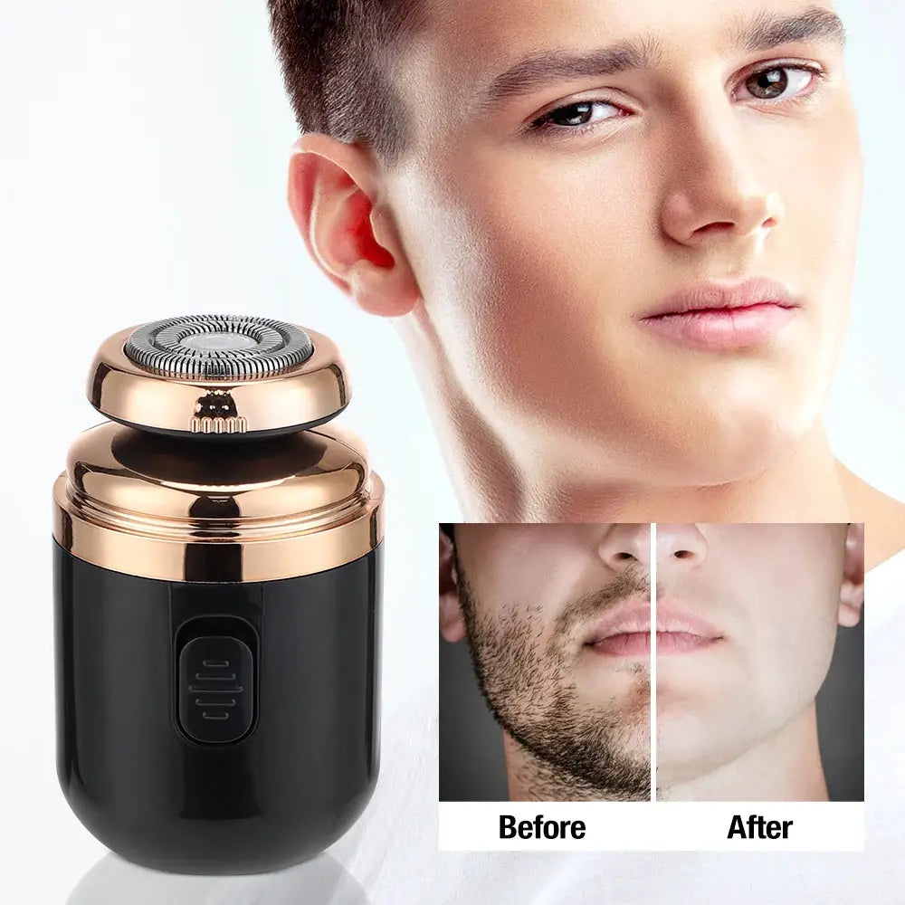 Mini washable electric travel razor with rose-gold cap and black body; before/after beard panel.