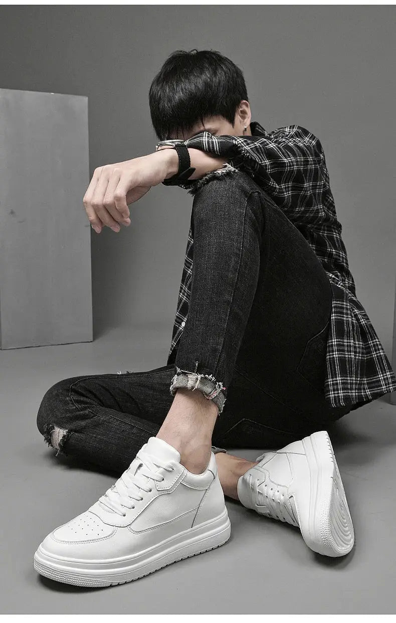 Simples Market men's white leather elevator sneakers, casual fashion shoes.