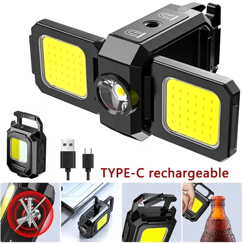 Mini USB rechargeable flashlight by Simples Market, with COB panels, 90° foldable side lights, keychain lantern
