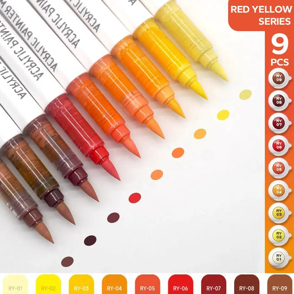 Simples Market 9-piece acrylic brush pen set, red-yellow series for painting, drawing and sketching