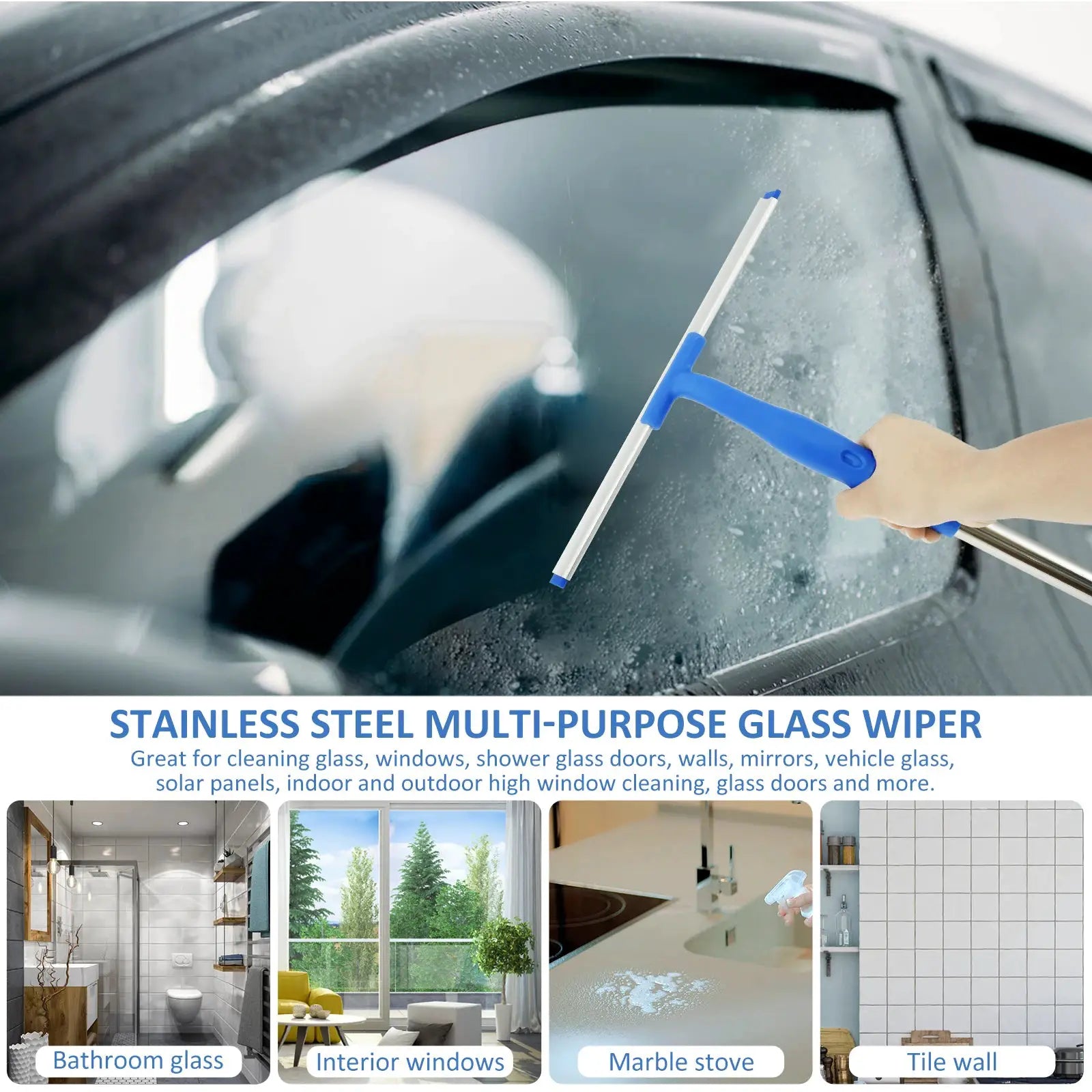 Extendable window cleaner with blue handle and 180° rotatable squeegee for glass cleaning