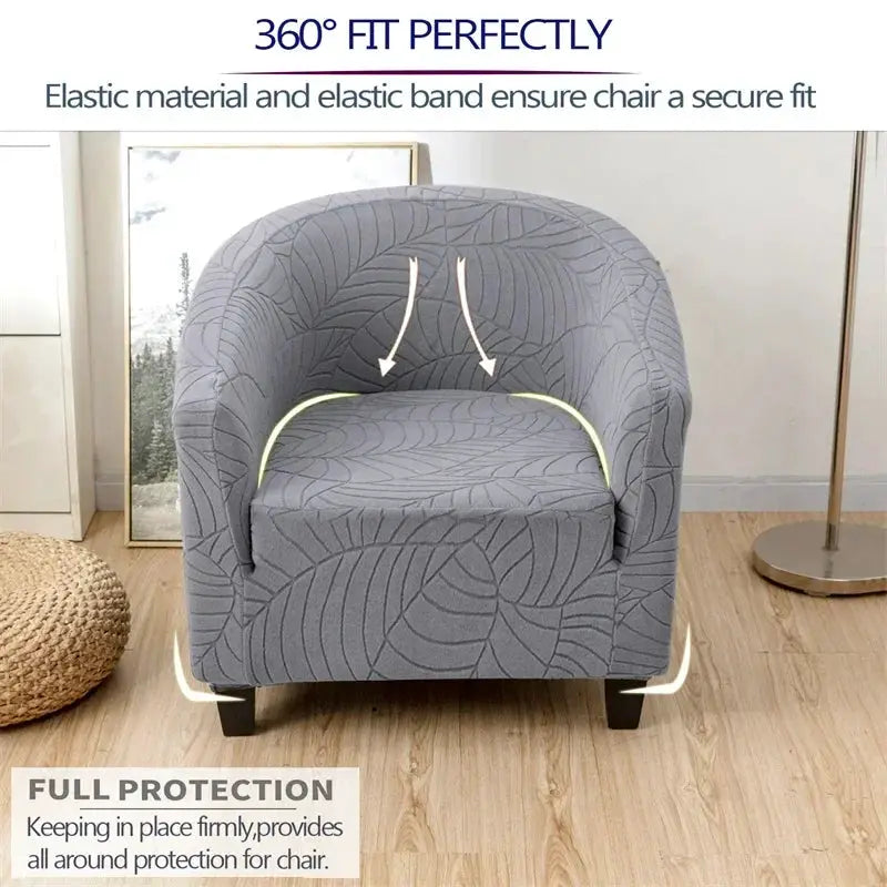 Elastic club chair cover in gray jacquard leaves pattern by Simples Market; secure elastic fit for single-arm chair.