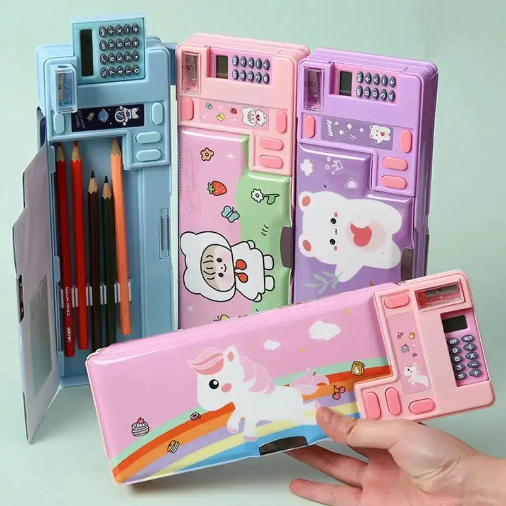 Plastic pencil case with calculator and sharpener; four pastel Simples Market cases in blue, pink, purple