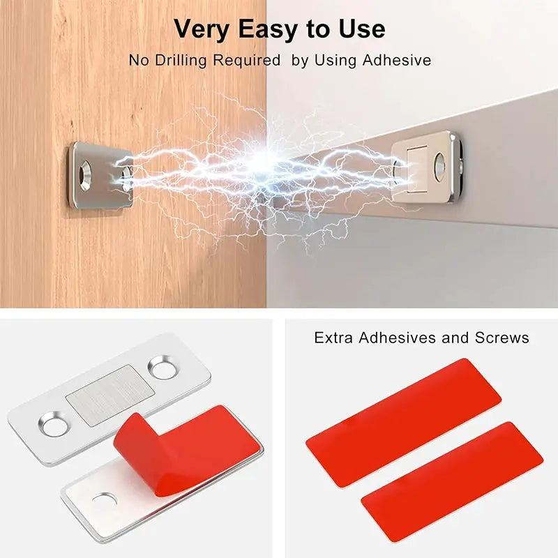 Simples Market two-piece magnetic cabinet catch set; ultra-thin magnets with adhesive; red latch covers and screws