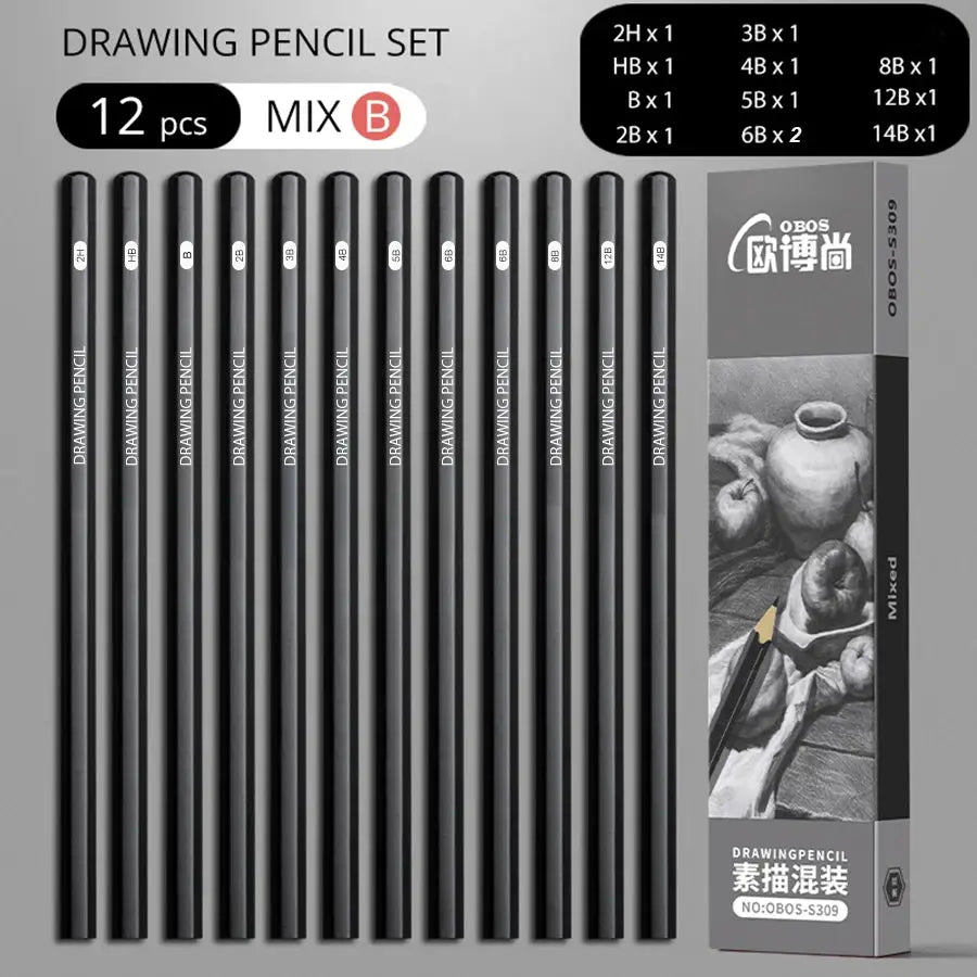 Simples Market professional drawing pencil set, 12-piece mixed graphite pencils (2H–14B)