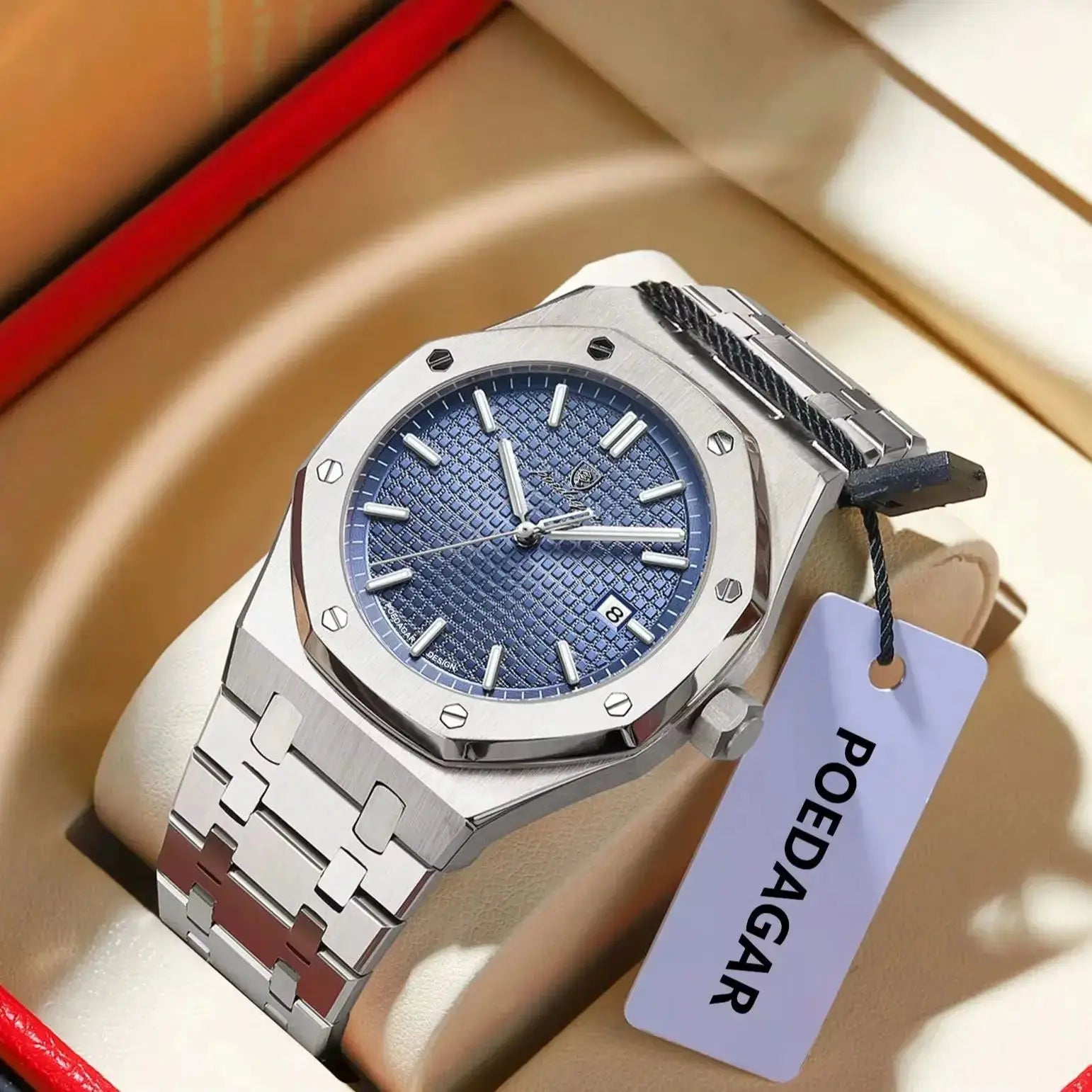 POEDAGAR luxury men's watch with blue textured dial, date window and stainless steel bracelet