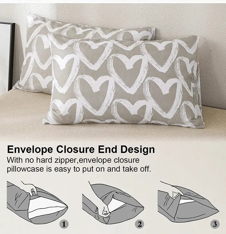 Heart Print Duvet Cover Set by Simples Market, 3pcs (1 duvet cover + 2 pillowcases), gray with white hearts, envelope closure