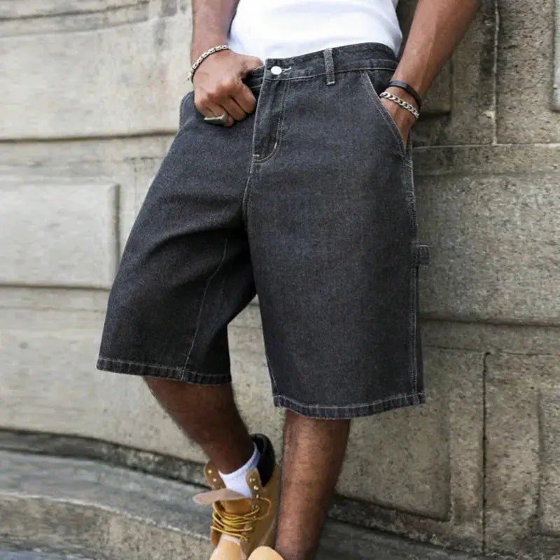 Men's Summer Black-Grey Loose Baggy Denim Shorts by Simples Market