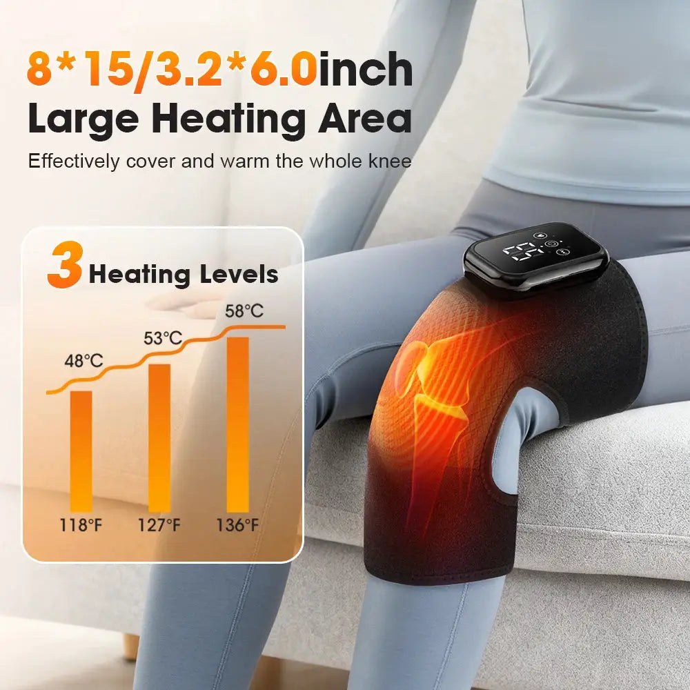 Electric knee massage pad with black thermal brace and digital controller; shows heating area and 3 heating levels.