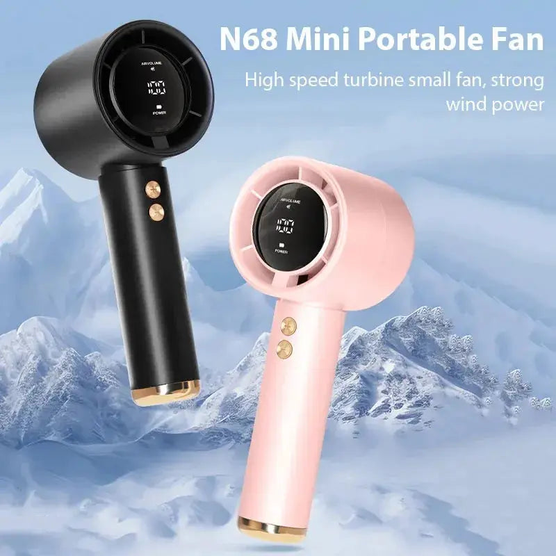 Two mini handheld fans, black and pink, USB fast-charging portable personal cooling with digital display