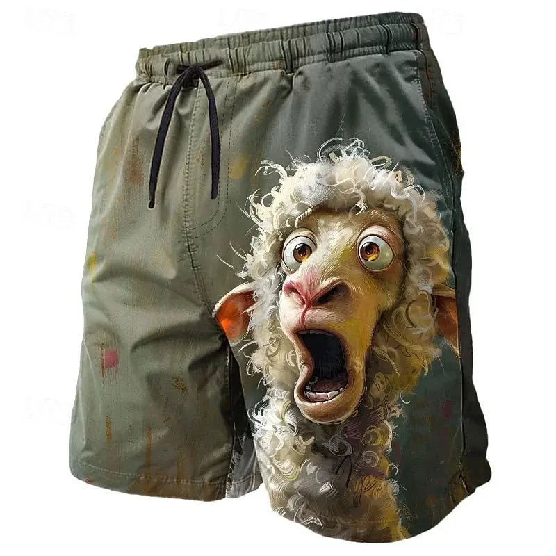 3D print animal-pattern men's board shorts with green-gray fabric and drawstring waist