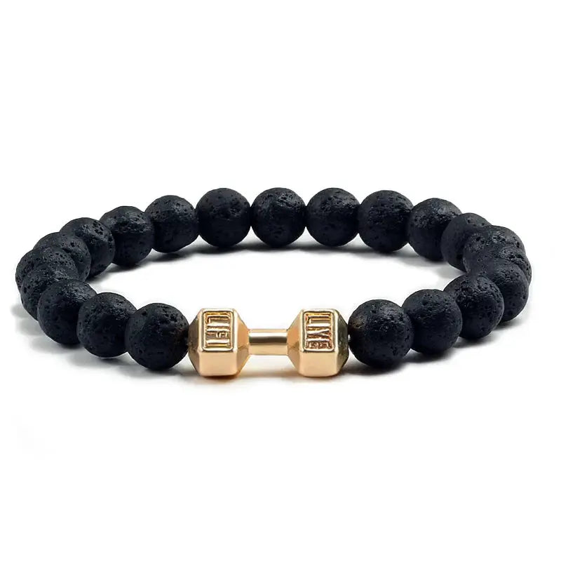 Natural Volcanic Stone Bracelet For Men And Women Matte Black Lava White Beads Dumbbell Charm Strand Fitness Jewelry