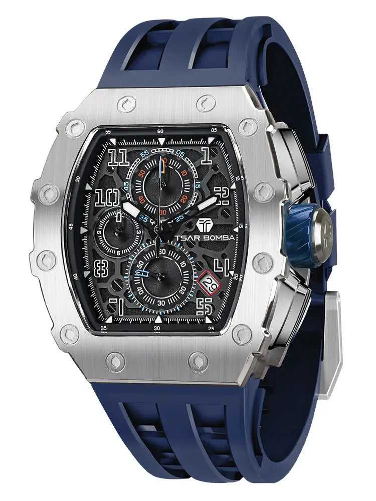 TSAR BOMBA men's watch with blue silicone strap, stainless steel tonneau case, black multi-dial