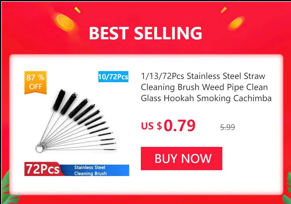 Simples Market stainless steel straw cleaning brush set, 72 pieces for pipes and hookahs