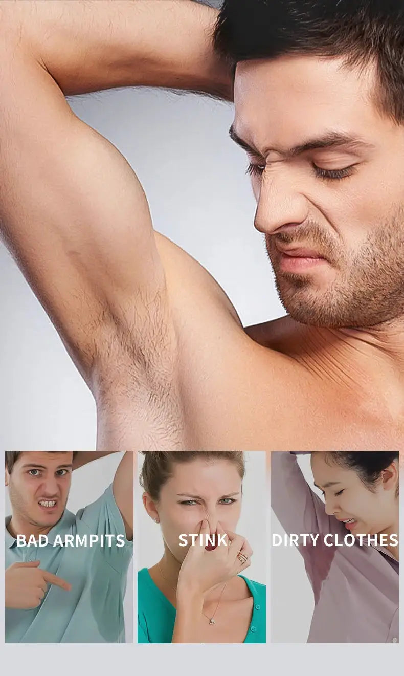 Deodorant for men and women, aluminum-free coconut oil; close-up of a raised armpit with three promo panels