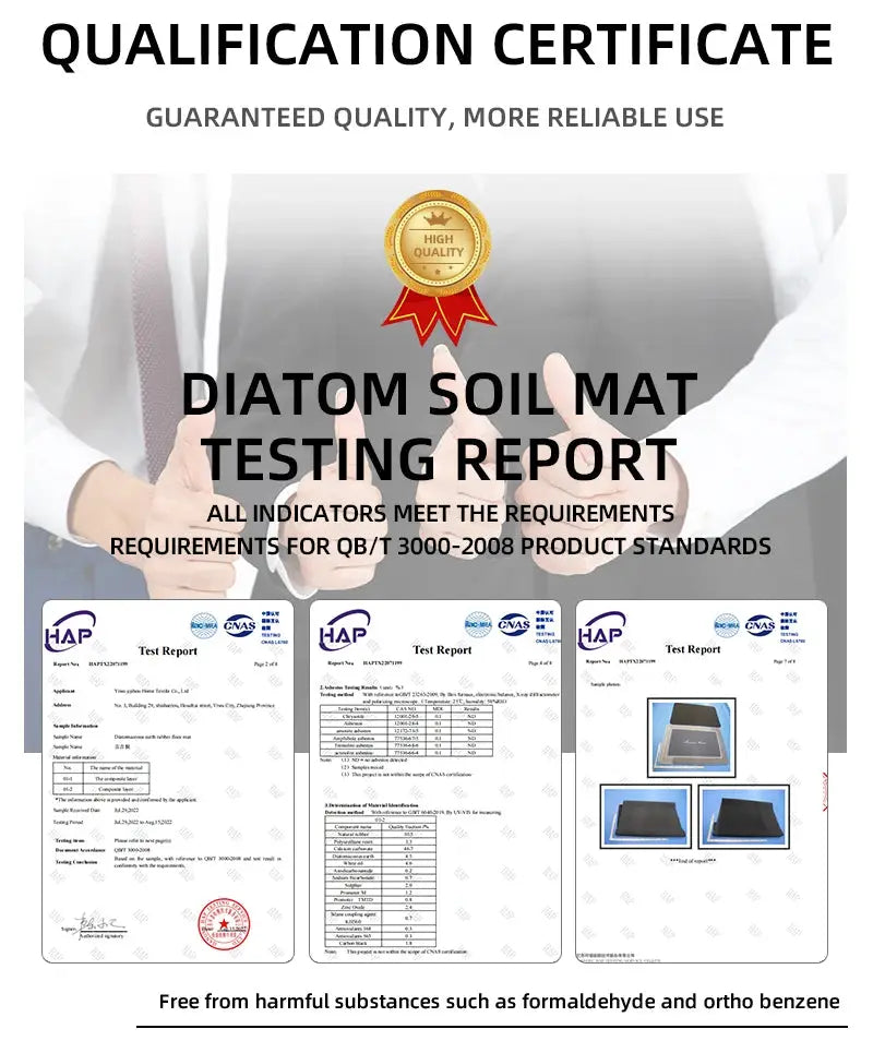 Diatom soil mat testing certificate image with a high-quality badge and three report pages.